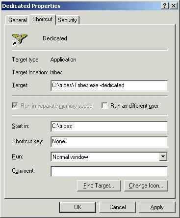 Shortcut tab in properties of Tribes.exe